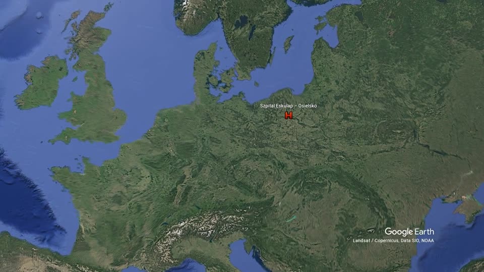 Satellite view of Europe with the hospital marked in northern Poland